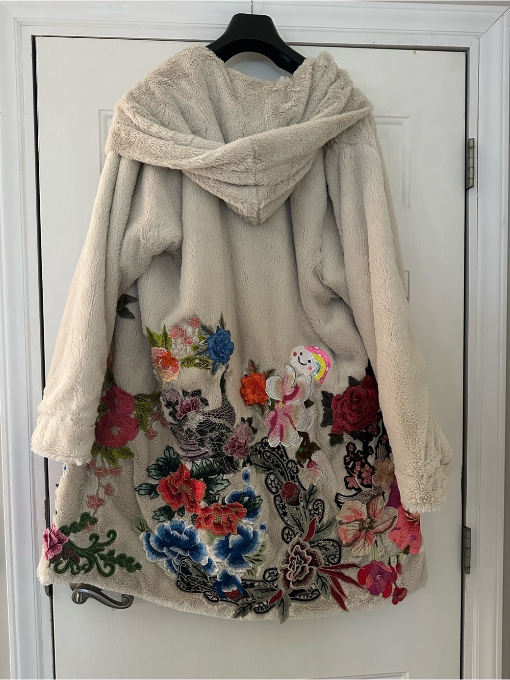 Johnny Was Biya Gena Faux Fur Embroidered Hooded Coat Beige Cream Size Large